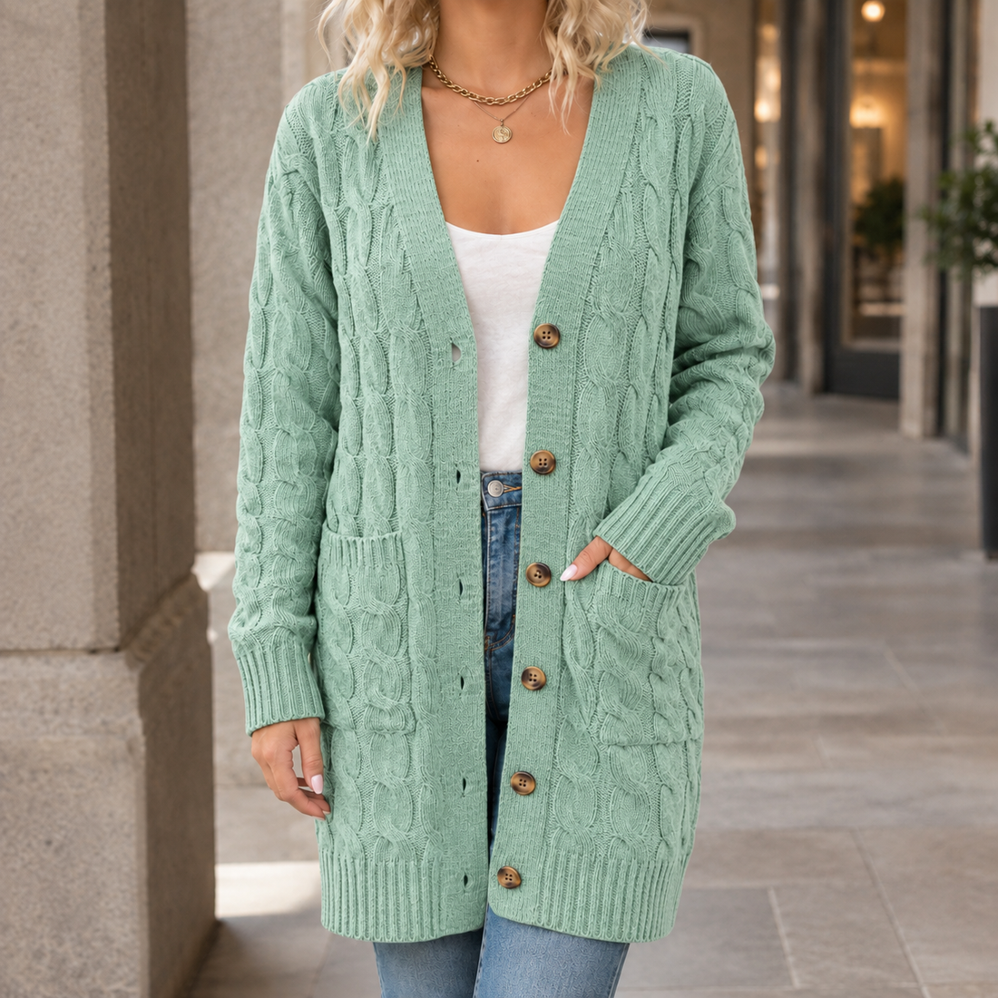 Keira Cable Knit Cardigan - Bean Green
