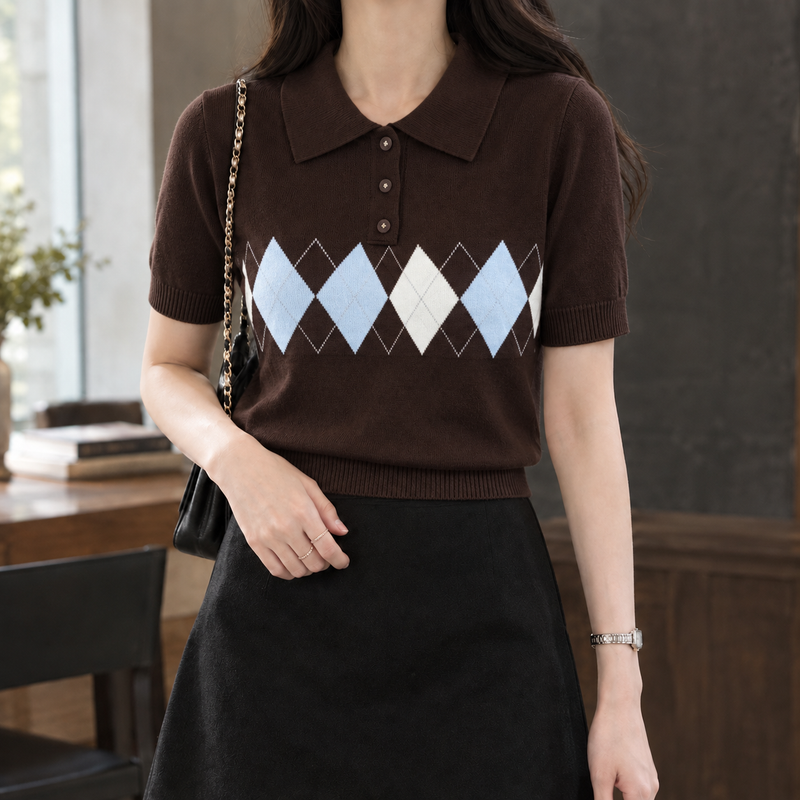 Selma-Pearl Argyle Polo - Brown