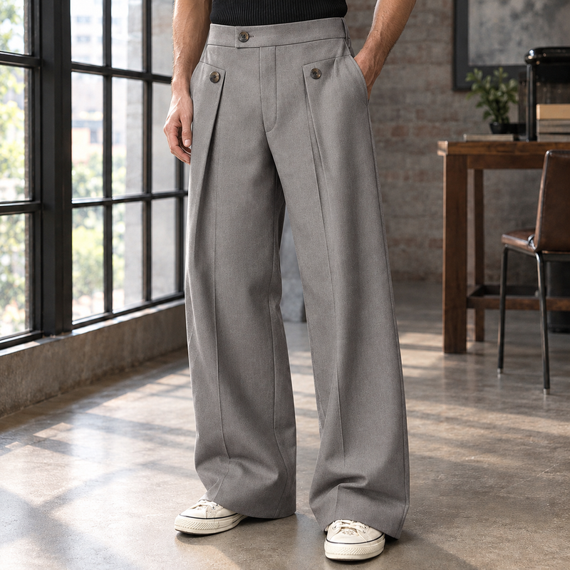 Dario Pleated Wide Leg Pants - Gray