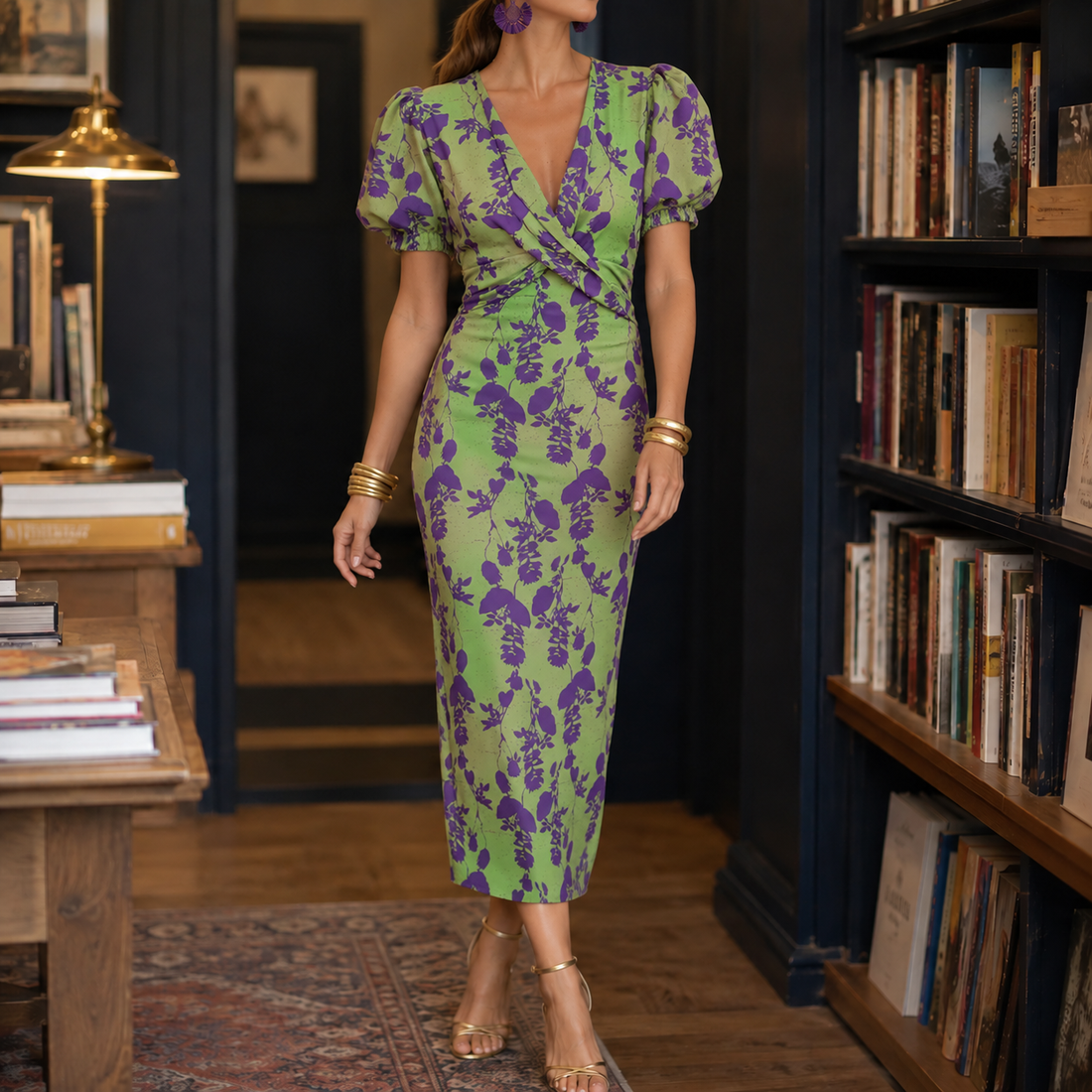 Greta-Mae V-Neck Dress - Green/purple