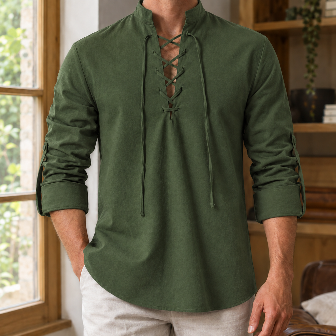 Hudson Lace-Up Shirt - Army Green