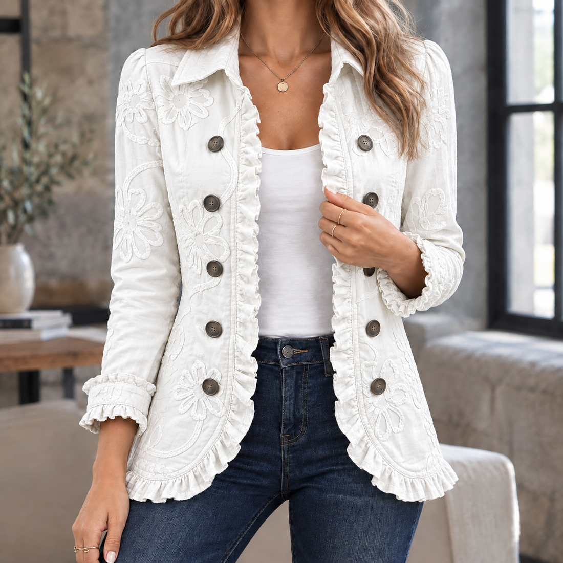 Sharon-Marie Ruffle Overshirt - Ivory Floral