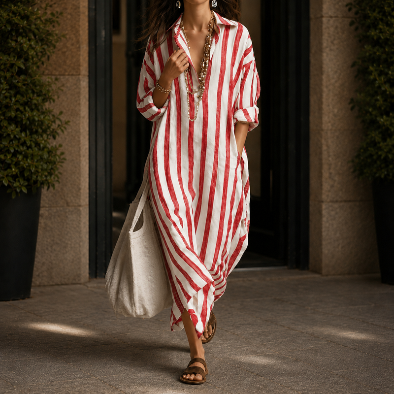 Adele Striped Shirt Dress - Red