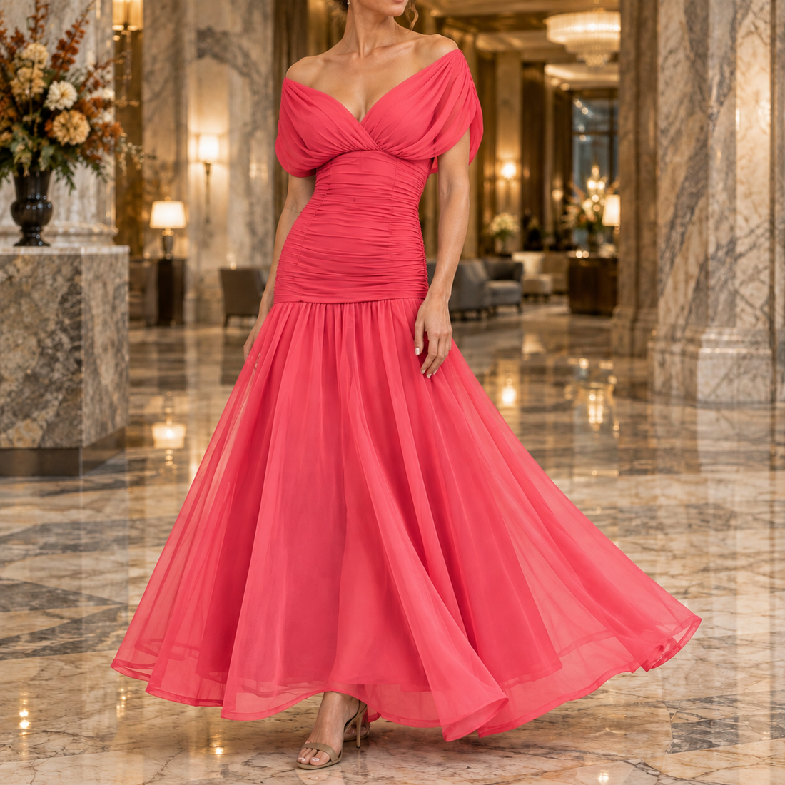 Georgina-Lane Ruched Maxi Dress - Coral