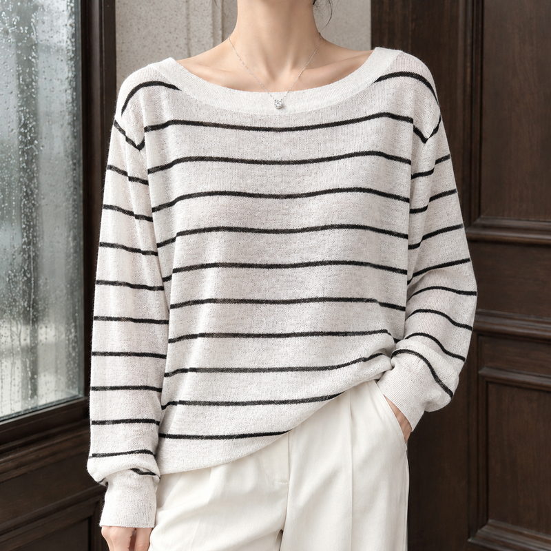 Clarisse-Marie Boatneck Top - Off-white Stripes