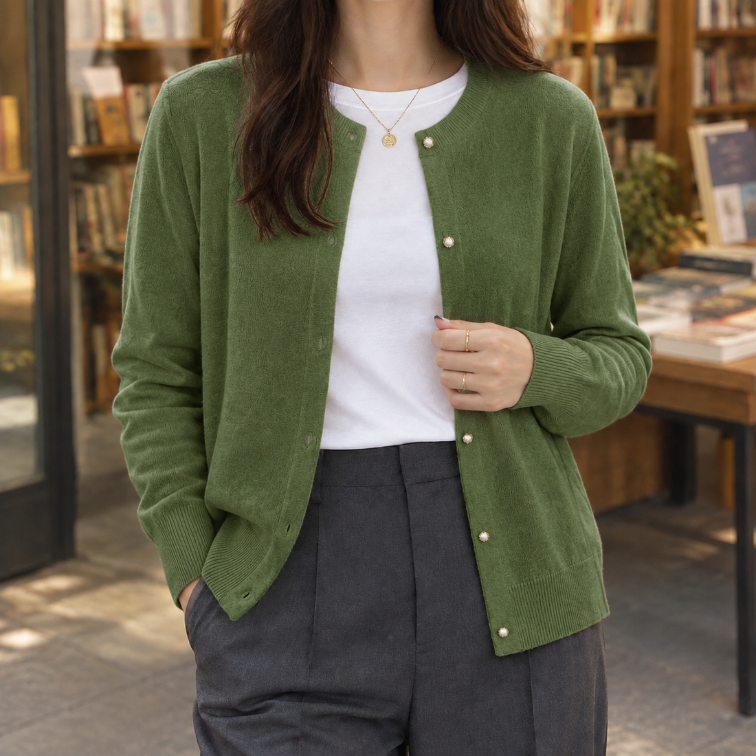 Brigitta-Sage Pearl Cardigan - Dark Green