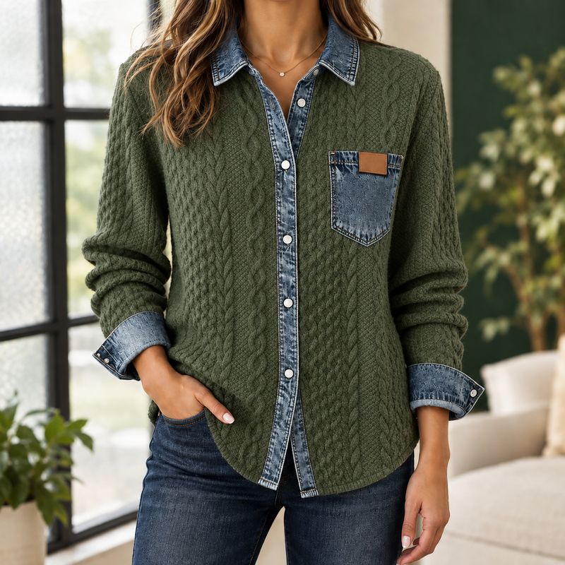 Adrienne-Lane Cable Knit Overshirt - Army Green