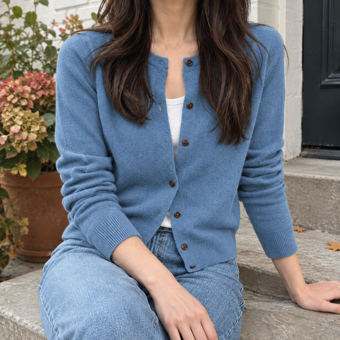 Winona-Grace Round Neck Cardigan - Blue