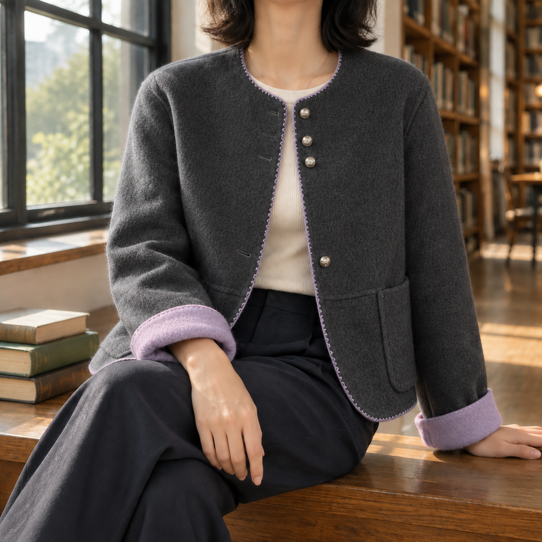 Apolline-Kate Contrast Trim Jacket - Dark Gray