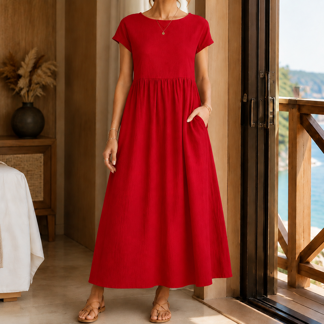 Elena-Louise Gathered Midi Dress - Red
