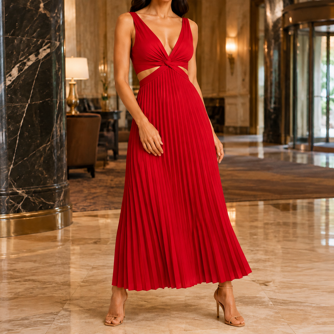 Clara-Jane Pleated Maxi Dress - Red