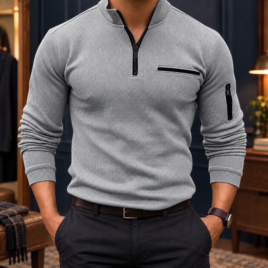 Blake Quarter-Zip Top - Stripe-card Gray