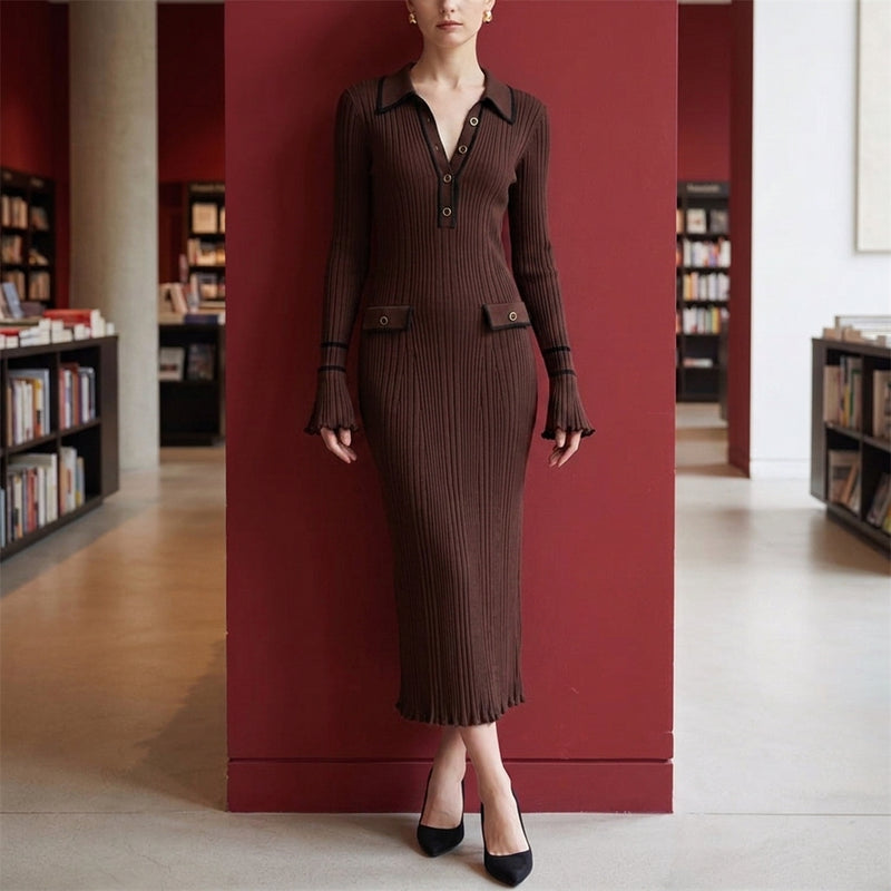 Amelie Ribbed Midi Dress - Long Skirt Brown