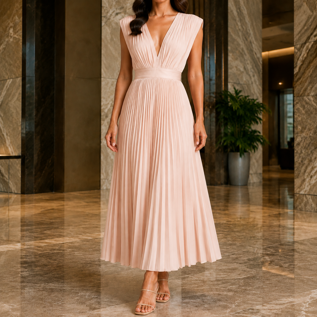 Marisol-Skye Pleated Maxi Dress - Champagne