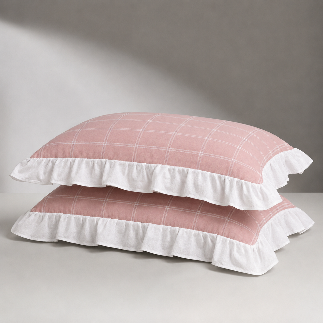 Evermere Ruffled Pillowcase - Dusty Pink Windowpane