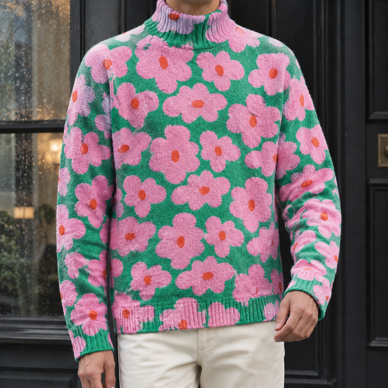 Dorian Turtleneck Sweater - Green Pink Floral