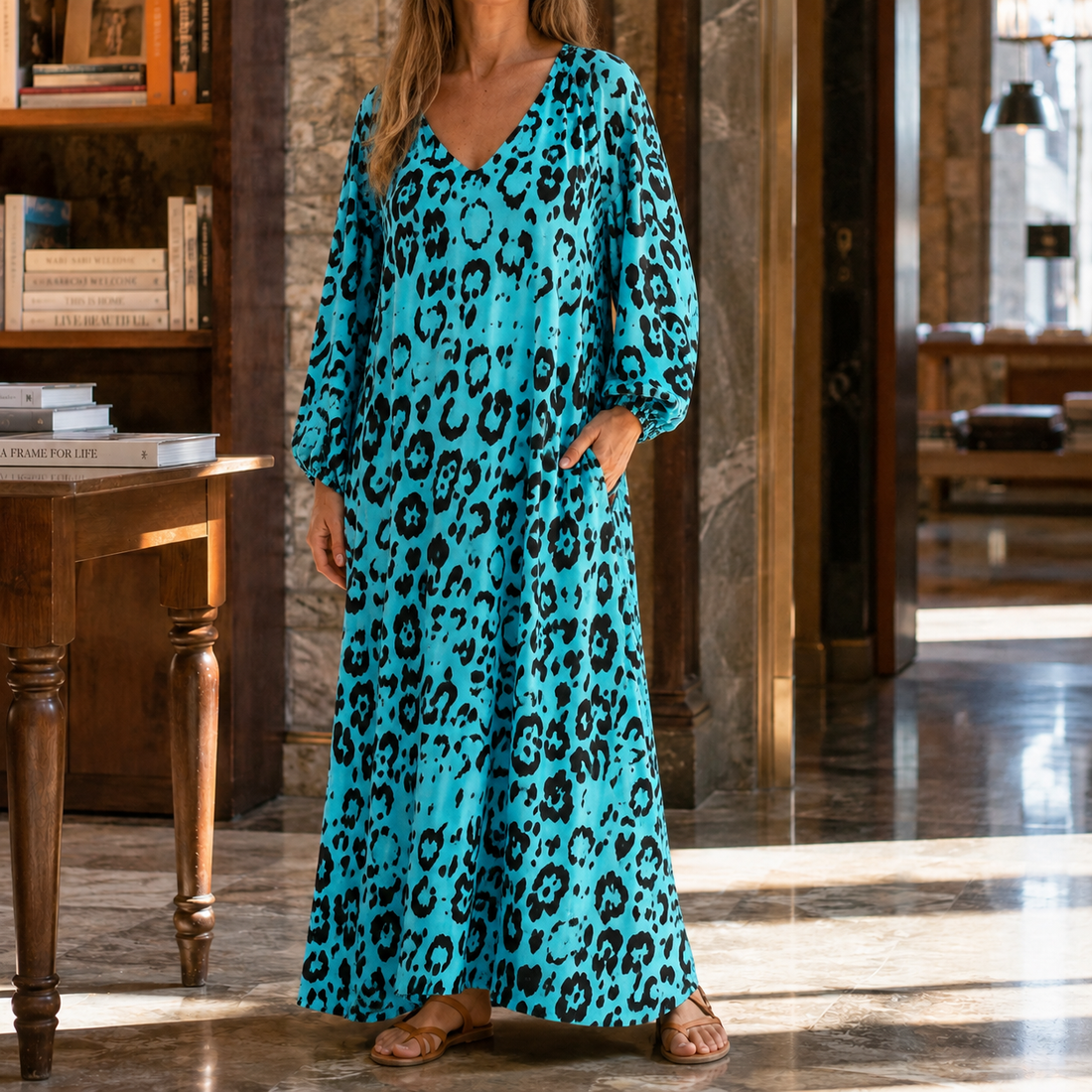 Edith Leopard Maxi Dress - Blue