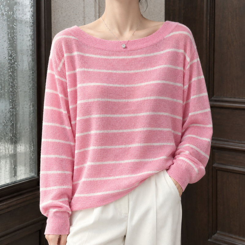 Clarisse-Marie Boatneck Top - Peach Pink Stripes
