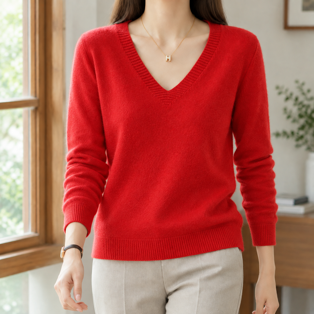 Evadne V Neck Sweater - Red