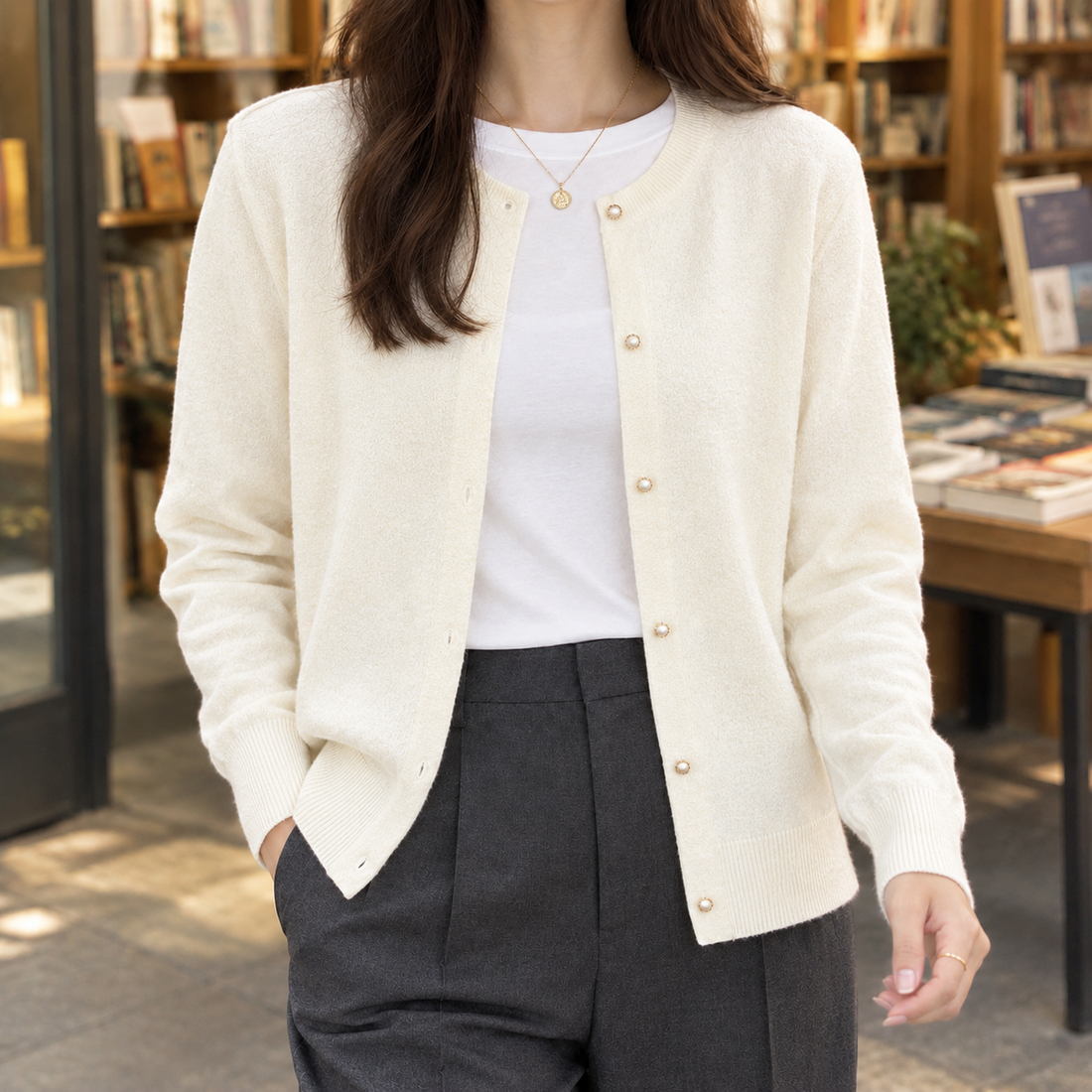 Brigitta-Sage Pearl Cardigan - Apricot