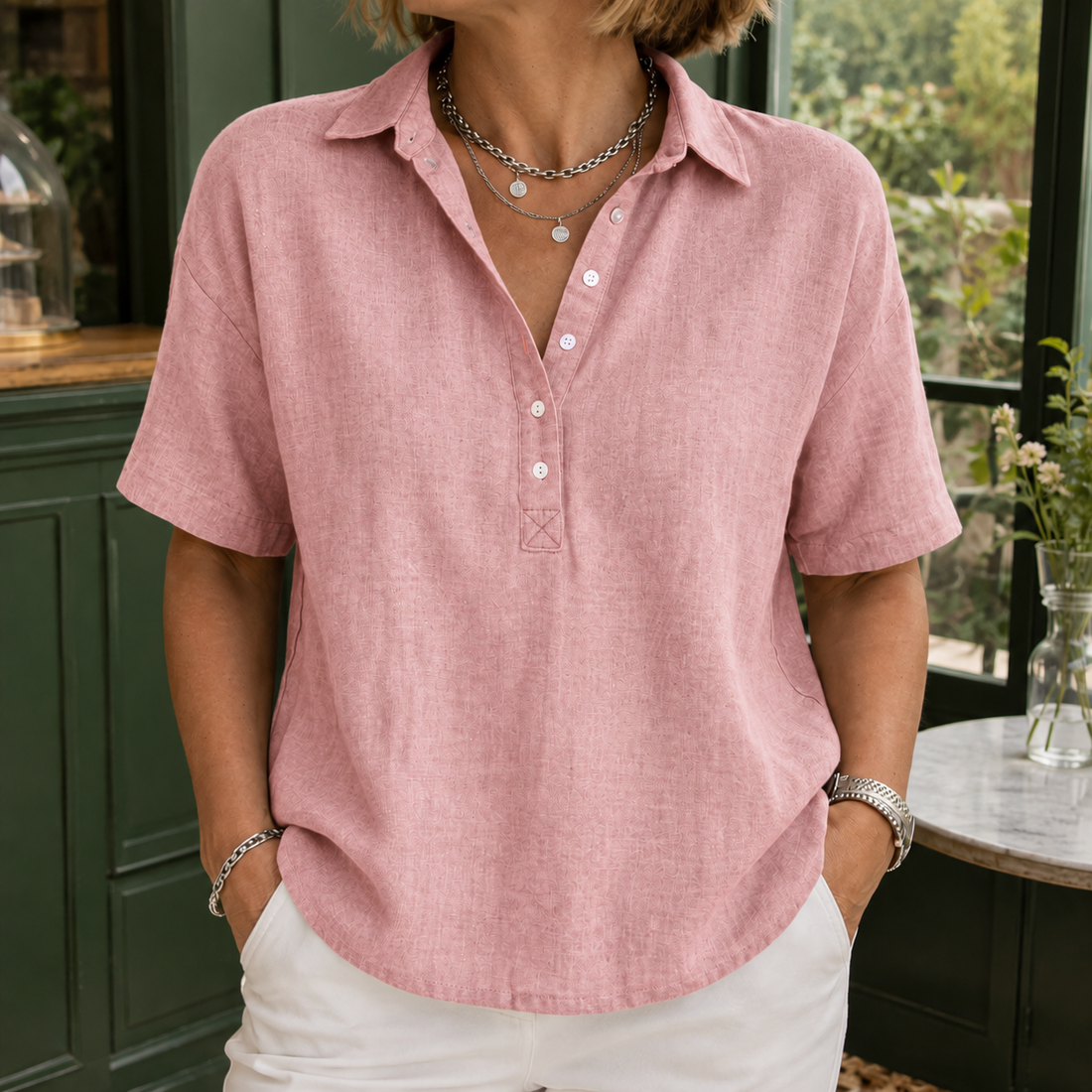 Anais-Pearl Collared Blouse - Pink
