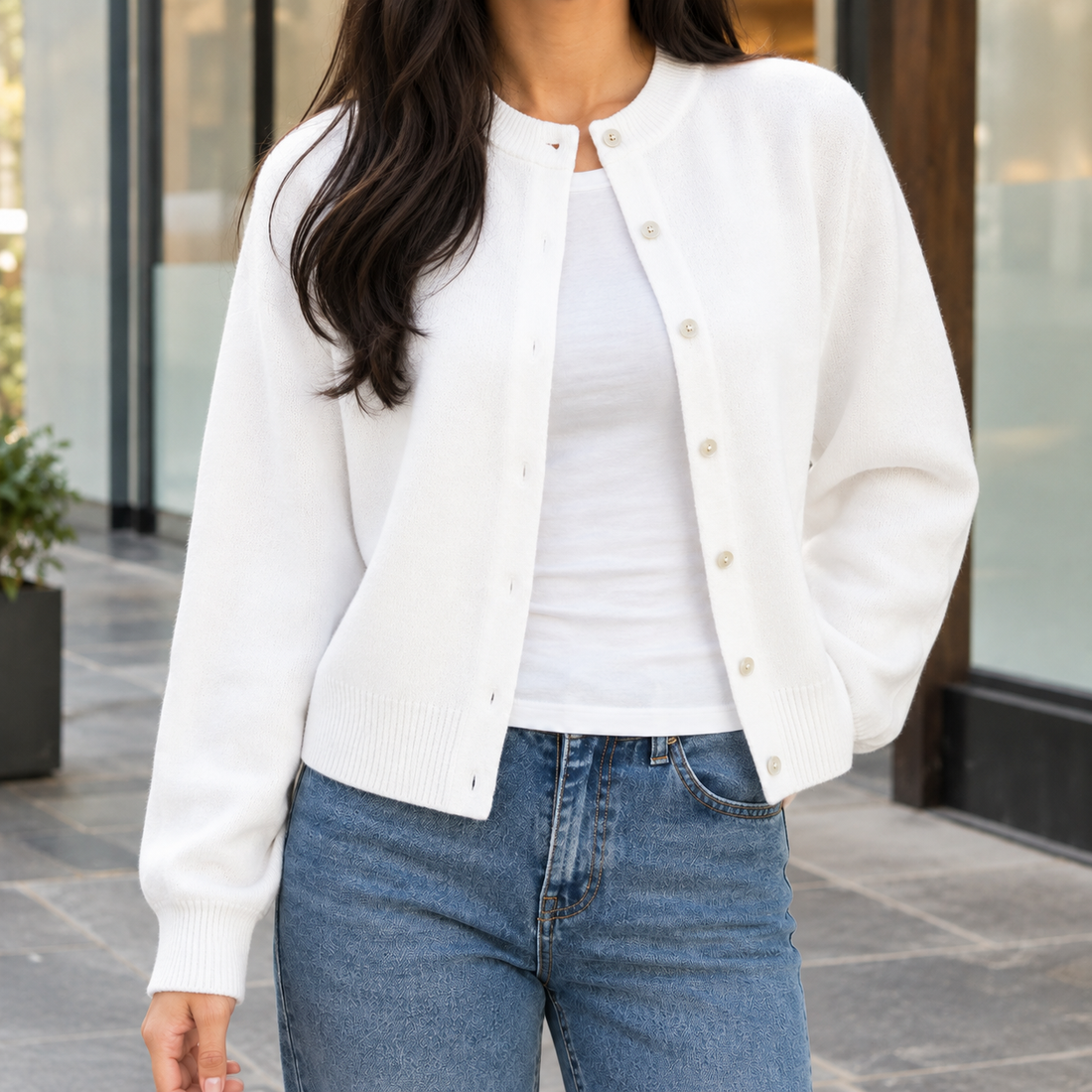 Pomeline-Eve Round Neck Cardigan - White