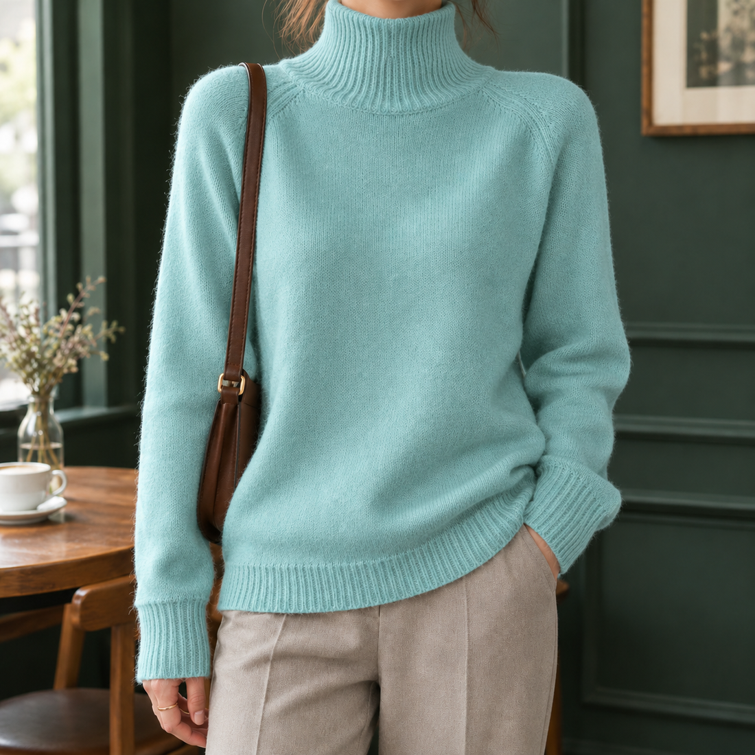 Rosalind-Pearl Ribbed Turtleneck Sweater - Clear Water Green