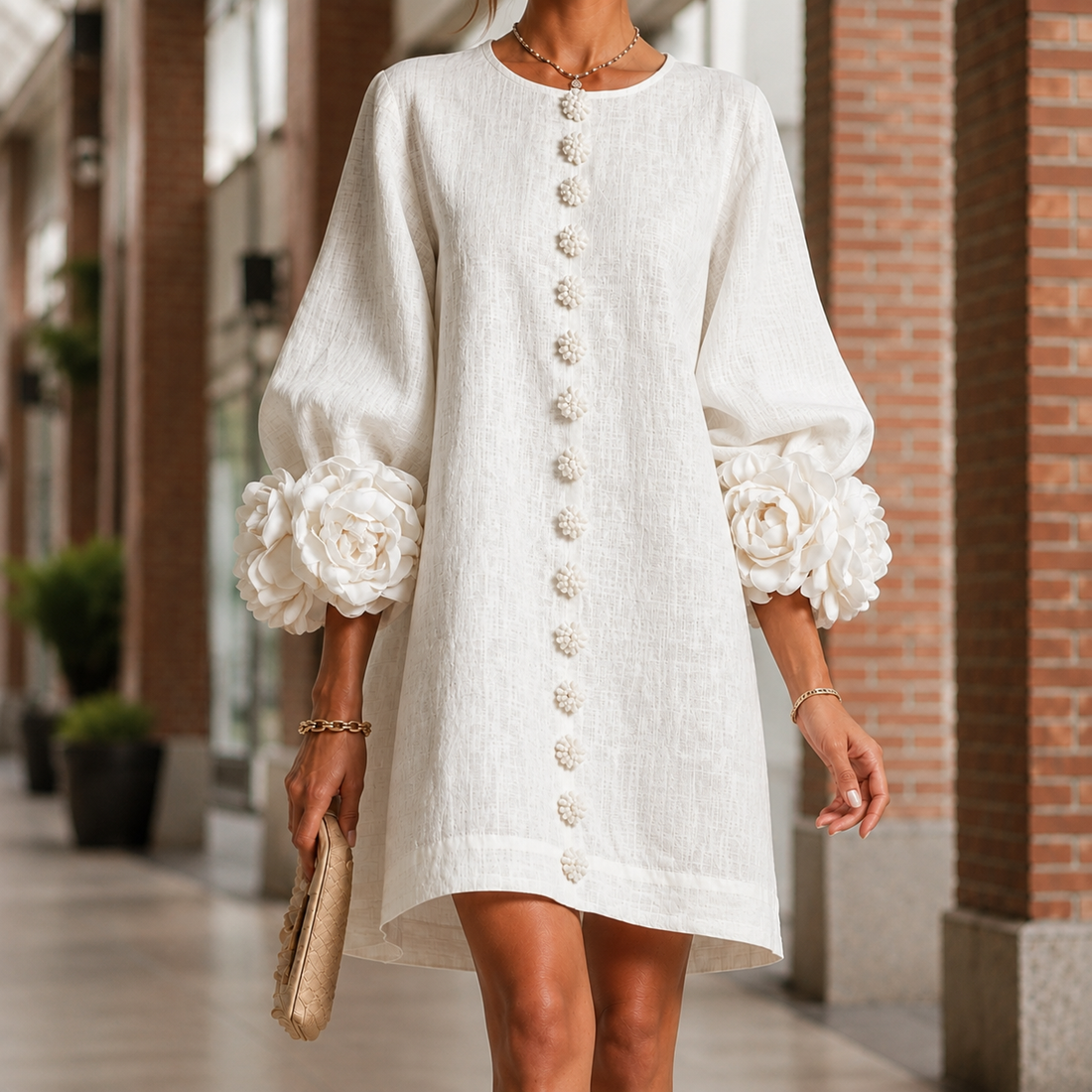 Elise Floral Cuff Dress - White
