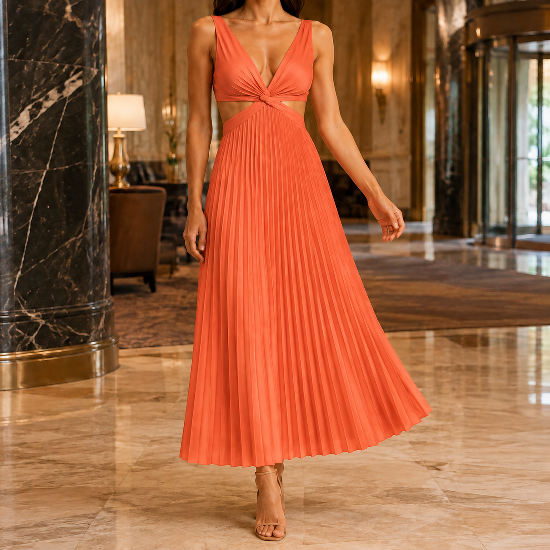 Clara-Jane Pleated Maxi Dress - Orange