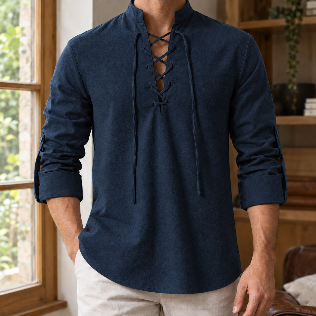 Hudson Lace-Up Shirt - Navy Blue
