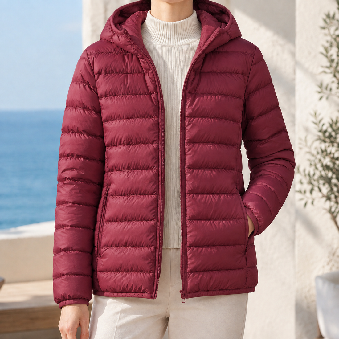 Olympia-Lane Hooded Puffer Jacket - Wine Red