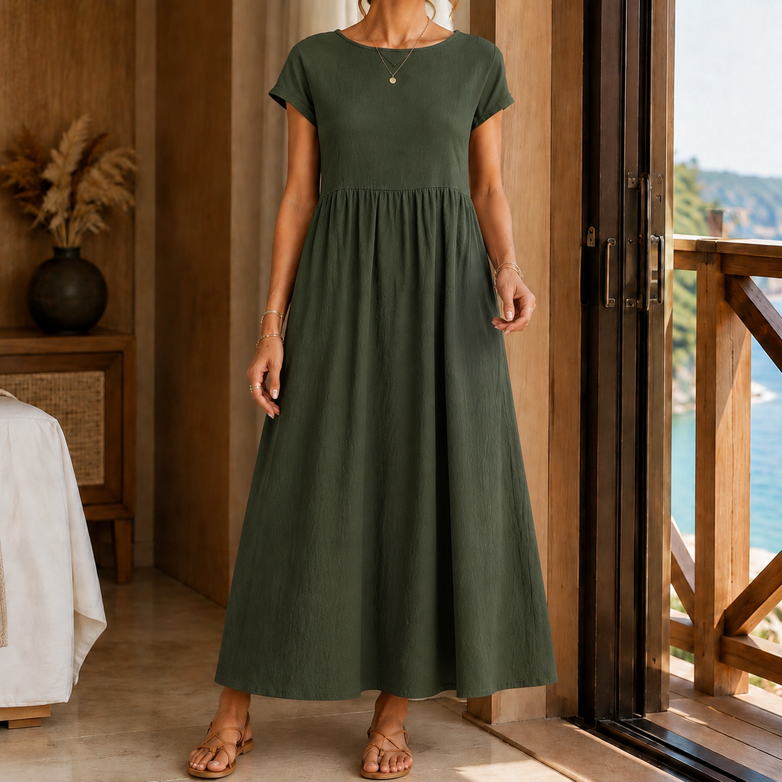 Elena-Louise Gathered Midi Dress - Vert Militaire