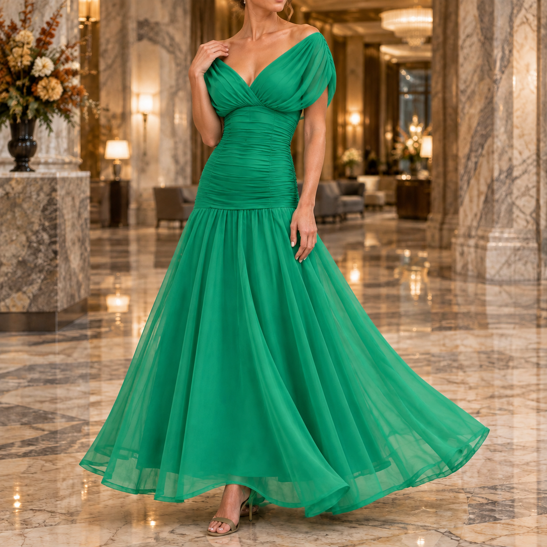 Georgina-Lane Ruched Maxi Dress - Bright Green