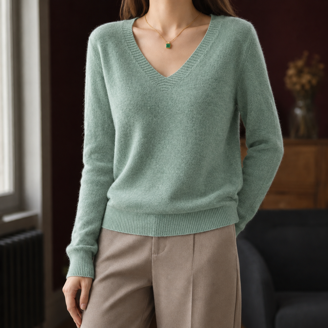 Kara V-Neck Sweater - Grass Green