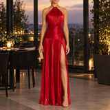 Carina Pleated Halter Dress - Red (Vibrant)