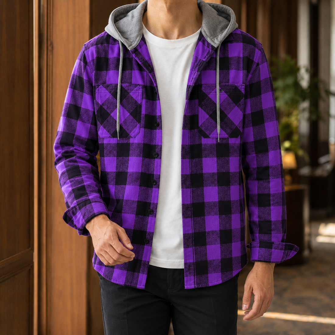 Gilles Plaid Hooded Overshirt - Purple Plaid