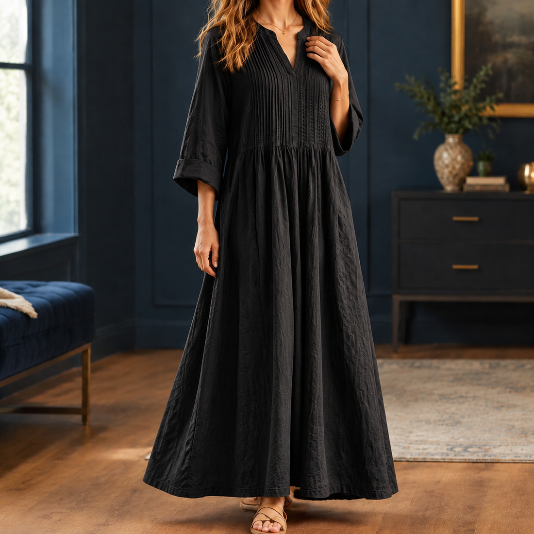 Violetta-Jade Pintuck Maxi Dress - Black