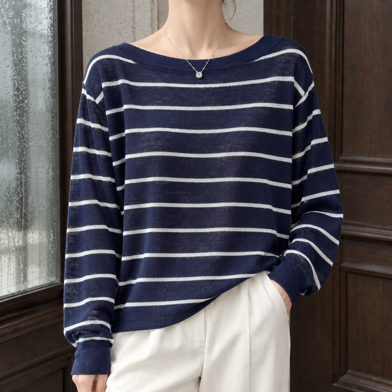 Clarisse-Marie Boatneck Top - Navy Stripes