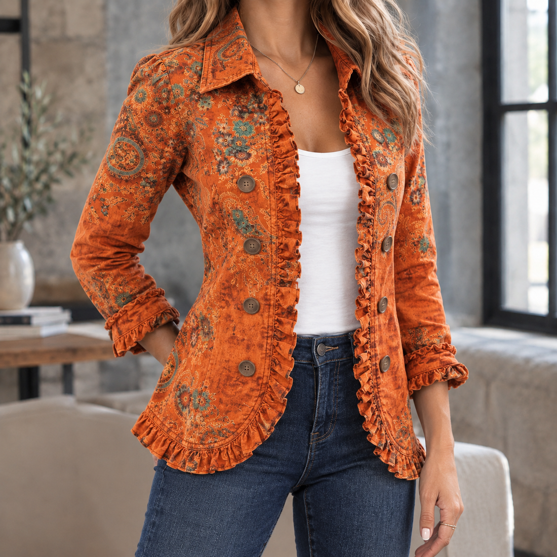 Sharon-Marie Ruffle Overshirt - Rust Paisley