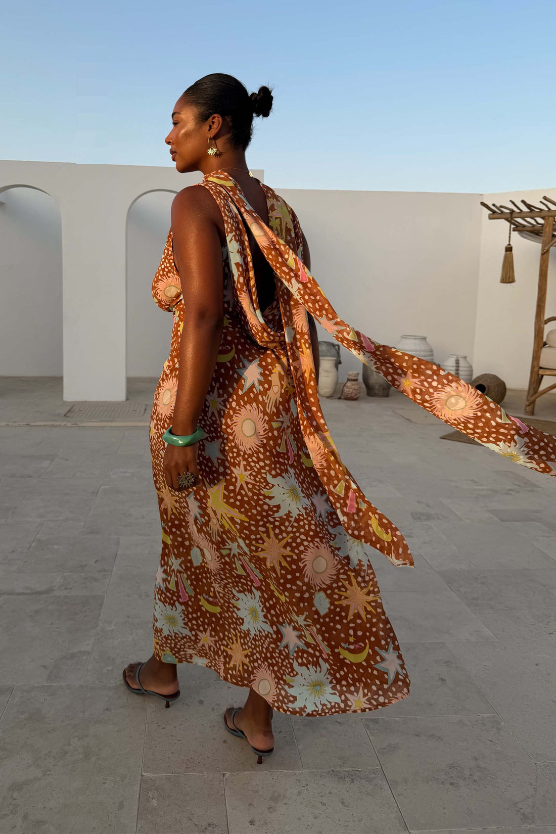 Delia | Cowl Neck Halter House Dress Brown Fawn Print