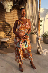 Delia | Cowl Neck Halter House Dress Brown Fawn Print