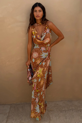Delia | Cowl Neck Halter House Dress Brown Fawn Print