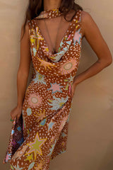Delia | Cowl Neck Halter House Dress Brown Fawn Print